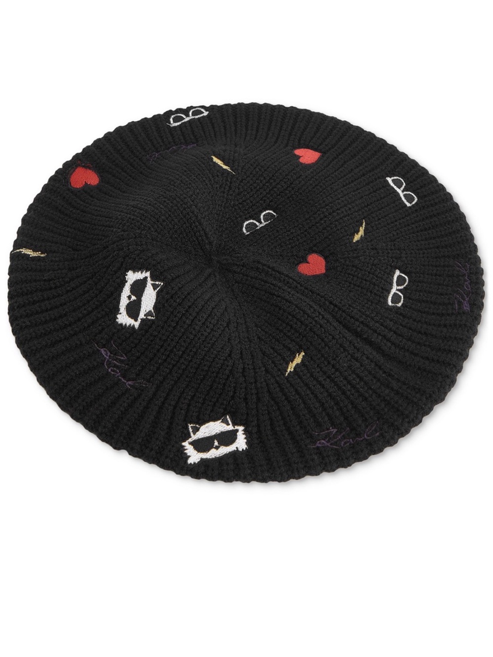 Karl Lagerfeld Black Knit Beret with Embroidered Icons